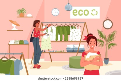 Eco fashion vector illustration. Cartoon woman holding shopping bag with eco friendly textile clothes of ethical sustainable brand, female characters choose outfit on hanger of trendy boutique