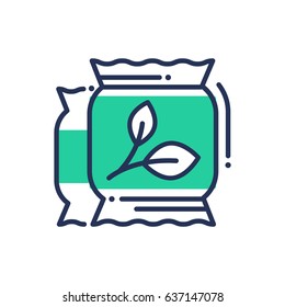 Eco Fertilization - modern vector single line icon. An image of a two green bags of fertilizer, improve your soil, get better produce. Representation of health, better tomorrow, knowledge.