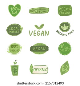 Eco fiendly, bio product. Organic certified icon set. Vegan healthy food logo. Farm fresh label. Nature vegetarian badge. Circle tag. Green leaf emblem. Quality symbol.Gluten free.Vector illustration.