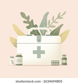 Eco First Aid Kit with Leaves and Pills – Flat Illustration