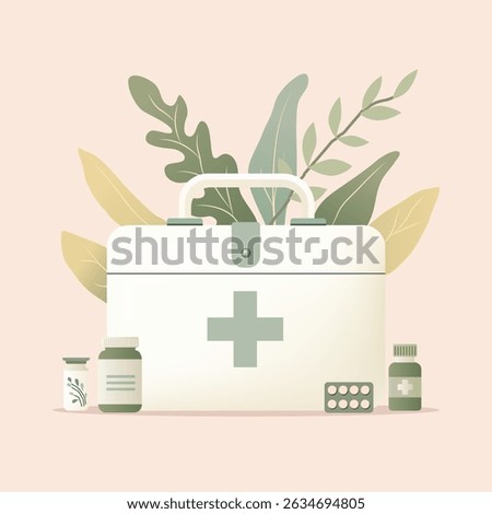 Eco First Aid Kit with Leaves and Pills – Flat Illustration
