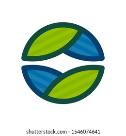 Eco flat circle logo formed by twisted green leaves and blue drops. Vector design template elements for vegan, bio, raw, organic template.