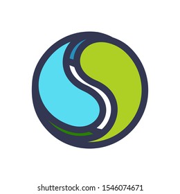 Eco flat circle logo formed by twisted green leaves and blue drops. Vector design template elements for vegan, bio, raw, organic template.