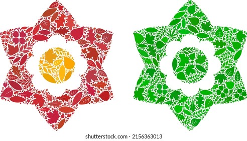 Die Zusammensetzung der Öko-Blütensymbol von Pflanzenblättern in Grün- und Naturfarbtönen. Ökologische Umwelt Vektorkonzept für Blumensymbol. Blumenvektorbild besteht aus grünen Blumenelementen.