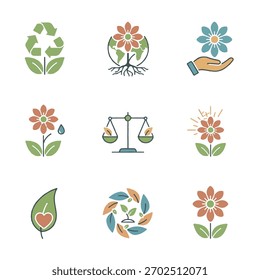 Paquete de iconos de flores ecológicas: símbolos florales mínimos planos que representan la sostenibilidad, la belleza y el equilibrio, fondo blanco