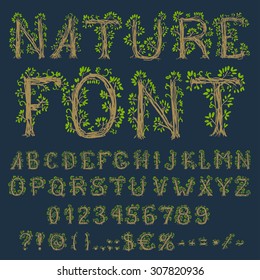 Eco font: alphabet, numbers and symbols in floral hand drawn style, vector EPS8 set