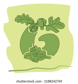 Eco font design. Letter C made from leaves and acorns of common oak. Unusual forest alphabet