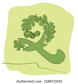Eco font design. Letter Q made from leaves and acorns of common oak. Unusual forest alphabet