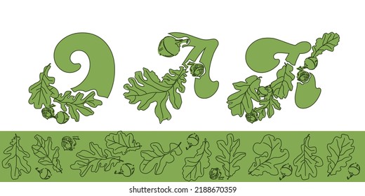 Eco font design made from leaves and acorns of common oak. Word oak from decorative letters. Unusual forest lettering