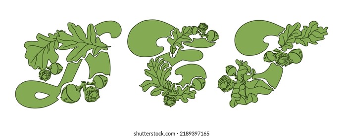 Eco font design. A set of letters DEF from leaves and acorns of an ordinary oak. Unusual forest alphabet