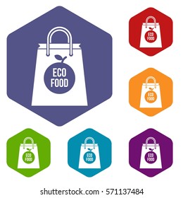 Eco food bag icons set rhombus in different colors isolated on white background