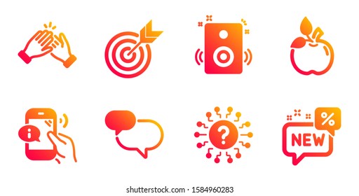 Eco food, Call center and Target line icons set. Clapping hands, Chat message and Question mark signs. Speakers, New symbols. Organic tested, Phone support. Business set. Vector