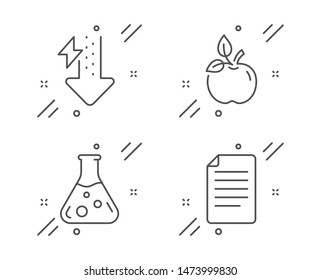 Eco food, Chemistry lab and Energy drops line icons set. File sign. Organic tested, Laboratory, Power usage. Paper page. Science set. Line eco food outline icon. Vector