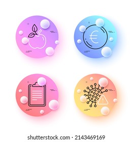 Eco Food, Covid Virus And Clipboard Minimal Line Icons. 3d Spheres Or Balls Buttons. Euro Money Icons. For Web, Application, Printing. Organic Tested, Coronavirus Alert, Survey Document. Vector