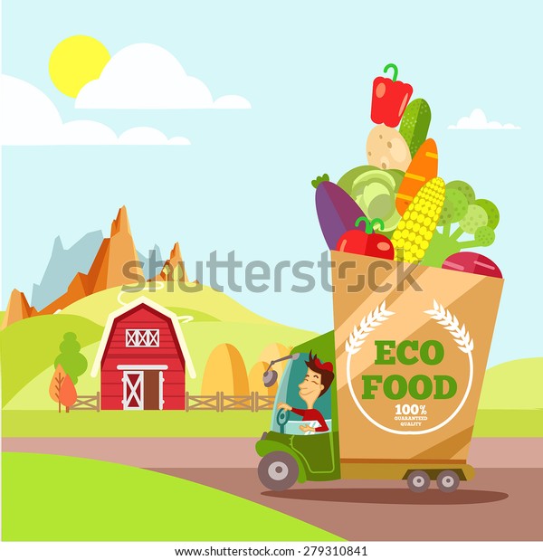 Eco food delivery.\
Cartoon car with green food in front of cute village landscape.\
Cartoon vector\
illustration