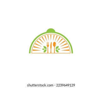 Eco Food Delivery Logo Design Cover And Green Leaf With Sun Symbol Vector Concept.