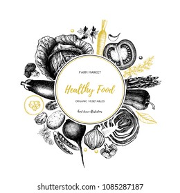 Eco food design with hand drawn vegetables sketch. Organic products frame. Vector template with vintage harvest illustration. Healthy eating.