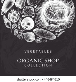 Eco food design with hand drawn vegetables sketch. Organic products frame. Vintage vegetables illustration. Vector template on chalkboard