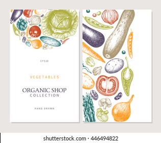 Eco food design with hand drawn vegetables sketch. Organic products frame. Vintage  illustration. Vector template. Healthy eating.