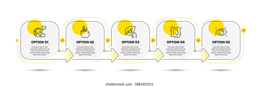 Eco food, Head and Organic tested line icons set. Timeline process flowchart. Health eye sign. Organic tested, Profile messages, Paraben. Optometry. Healthcare set. Vector