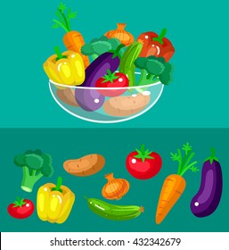 Eco food illustration for menu background. Flat detailed vegetable. Fresh Vector illustration vegan and vegetarian