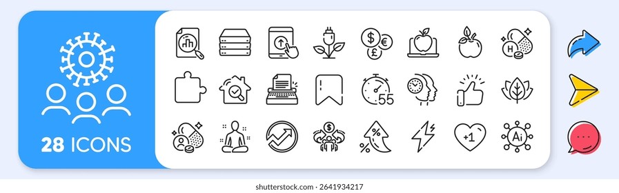 Eco food, Inspect and Organic tested line icons. Interest rate, AI generate, Inflation icons. Pack of Power, Vitamin, Laptop icon. Timer, Sharing economy, Yoga pictogram. Vector
