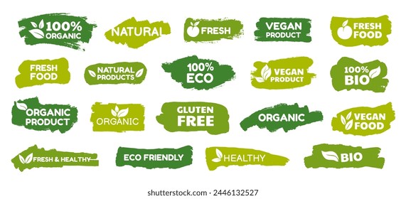 Eco food labels. Organic product stickers for vegan, vegetarian food. Healthy logo badges. Nature, fresh, bio, ecology diet. Ecological packaging. Grunge symbols icons. Vector set. Green biology