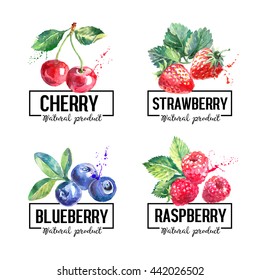 Eco food labels set. Watercolor hand drawn sketch berries. Farmers market logo banners. Vector illustration
