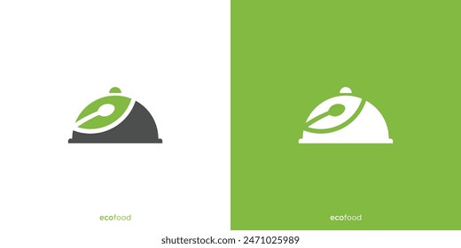 Eco Food Logo Design. Serving Lid and Green Leaves Logo, Vector, Design Template.