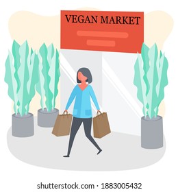 Eco food. Market with vegan food. The concept of vegetarianism. Organic food. Woman goes with packages to the market. Signboard banner. Vector illustration.