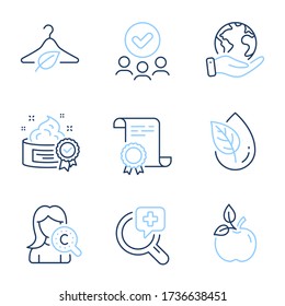 Eco food, Medical analyzes and Organic product line icons set. Diploma certificate, save planet, group of people. Cream, Slow fashion and Collagen skin signs. Organic tested, Medicine, Leaf. Vector