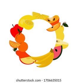 Eco food menu background. Vector flat frame, wreathe with fruit banana, orange, persimmon, watermelon, pear, apple, lemon isolated on white. 