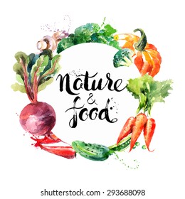 Eco food menu background. Watercolor hand drawn vegetables. Vector illustration	