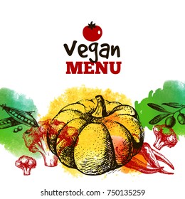 Eco food menu background. Watercolor and hand drawn sketch vegetables. Farmers market poster. Vector illustration