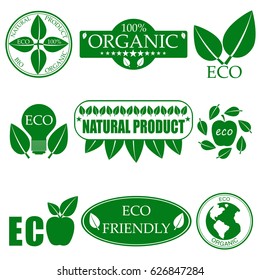 Eco food, organic bio product eco friendly badge vegan icon ecology. Set of vector green nature logo design element badge label and ecology logotype template environment plant energy sticker.