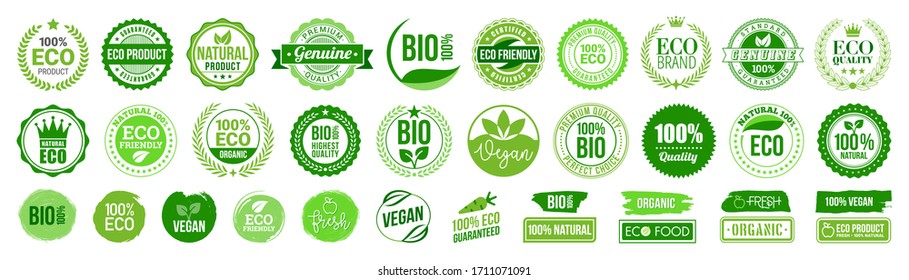 Öko-Lebensmittel, Bio-Produkte, umweltfreundliche, veganische Symbole, Ökologie. Vektorillustration-Logo-Designelemente, Abzeichen, Etiketten und Logotypvorlagen für Ihr Unternehmen