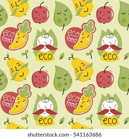 Eco food seamless pattern with happy cabbage, carrot, pear and apple cartoon characters isolated on white background. Natural eco friendly products and healthy vegetarian food packaging. Farm food