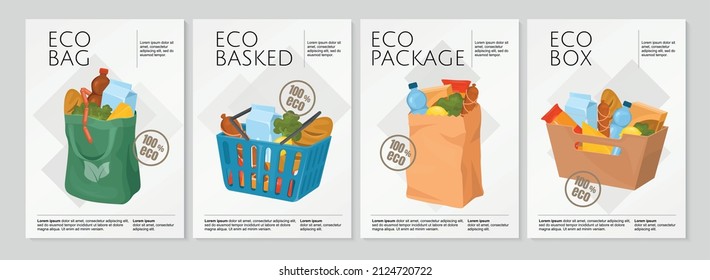 Eco food set of four vertical posters with editable text and images of eco friendly packages vector illustration