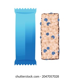 Eco food set. Muesli bar with dried fruit and blue packaging. Vector food illustration