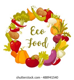 Eco food typographic poster with round decorative frame composed vegetables . Wreath from vegetables. Retro cartoon flat style vector illustration.