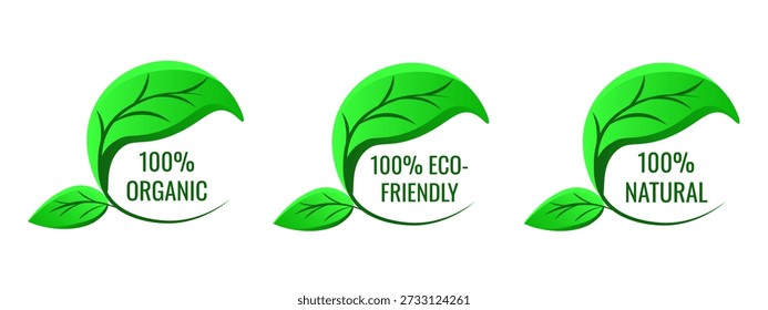 Conjunto de etiquetas de Vector de alimentos ecológicos. Hojas verdes vibrantes del color con el fondo transparente aislado respetuoso del medio ambiente natural orgánico del 100%. Perfecto png eco signo etiqueta etiqueta colección. EPS 10
