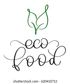 Eco food vector vintage text on white background. Calligraphy lettering illustration EPS10