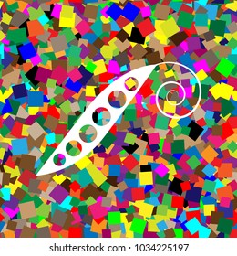 Eco food vegetables Pea sign. Vector. White icon on colorful background with seamless pattern from squares.