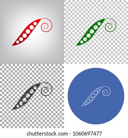 Eco food vegetables Pea sign. Vector. 4 styles. Red gradient in radial lighted background, green flat and gray scribble icons on transparent and linear one in blue circle.
