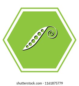 Eco food vegetables Pea sign. Vector. White icon with black shadow at yellow green honeycomb on white background.