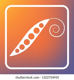 Eco food vegetables Pea sign. Vector. White icon on transparent button at orange-violet gradient background.