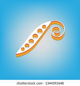 Eco food vegetables Pea sign. Vector. White icon with 3d warm-colored gradient body at sky blue background.
