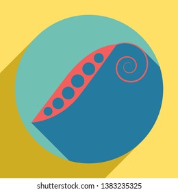 Eco food vegetables Pea sign. Sunset orange icon with llapis lazuli shadow inside medium aquamarine circle with different goldenrod shadow at royal yellow background.