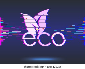Eco food,glitch design,neon icon, abstract background vector illustration. organic bio products, eco friendly, vegan icon