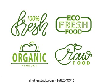 Eco fresh food, organic raw fruits and vegetables isolated green logos. Vector super quality products of high level premium grade, logotype of bio nutrition